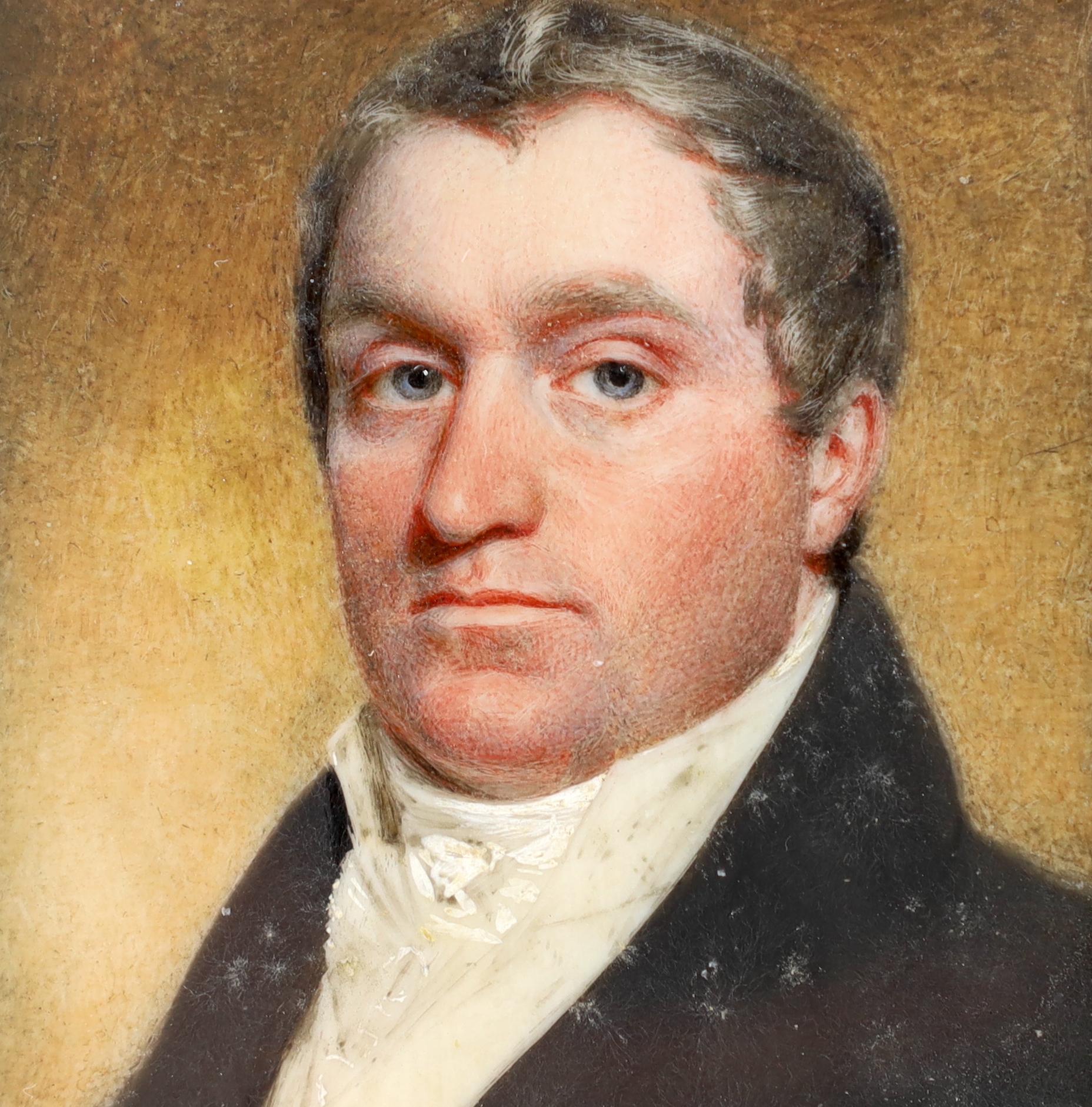 19th Century English School, Portrait miniature of a gentleman, watercolour on ivory, 6.4 x 6cm. CITES Submission reference 4VJDY2AP